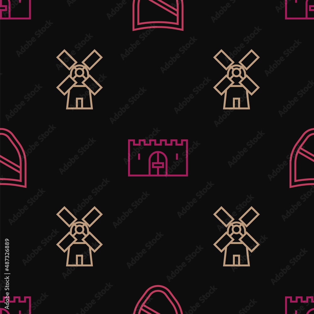 Poster set line shield, windmill and medieval castle gate on seamless pattern. vector