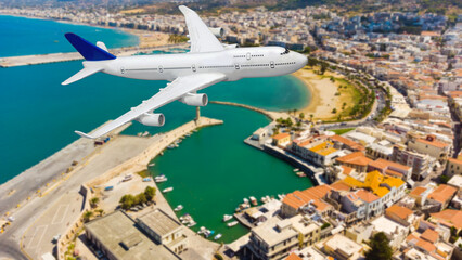 passenger plane flying over beautiful blue ocean and island in purity destination sea beach use for summer holiday vacation traveling.