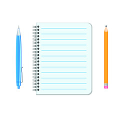 Notebook page, pencil, pen. Vector illustration 