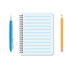 Notebook page, pencil, pen. Vector illustration 