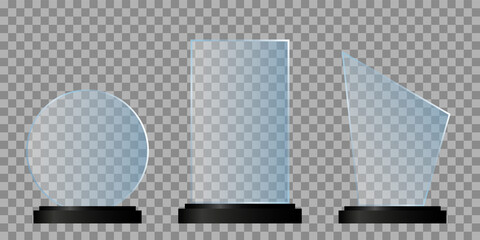Glass awards collection isolated on transparent background. Set of vector trophies.