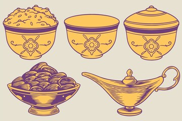 hand drawn of iftar party ramadan kareem elements as islamic ornaments with traditional Arabic dishes with golden orange color isolated on light purple background.