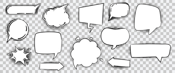 Empty speech bubbles with halftone shadows, pop art style on transparent background. Set of retro vector illustrations
