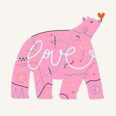 Vector illustration with pink bear, abstract doodle lines, red heart and calligraphy word Love. Colored typography poster with animal, trendy apparel print design - 487327223