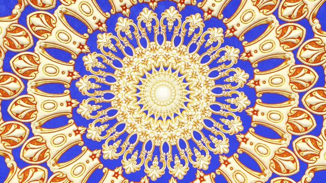 Decorative vintage antique floral baroque ornament, luxury renaissance retro victorian round mandala, damask background with ethnic blue gold asian thai pattern, geometric ornate illusion as circle