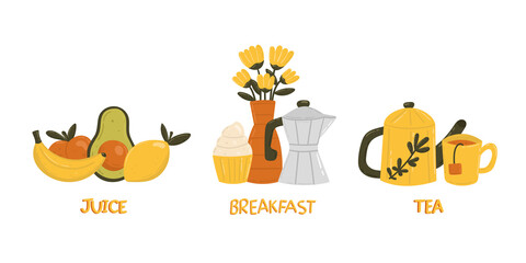 Breakfast and morning concept doodle hand drawn flat style vector illustration with fruits, coffee, sweets and tea isolated on white background.
