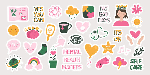 Mental health, mind therapy, self care and love, compassion and positive thinking concept collection of hand drawn flat stickers vector illustration. - obrazy, fototapety, plakaty