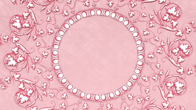 Decorative vintage antique floral baroque ornament, renaissance retro victorian elegant mandala, royal damask background, round rotating pink love wedding frame, abstract lace ornate illustration