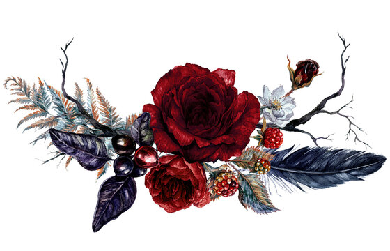 Watercolor Floral Gothic Arrangement Isolated on White Background.