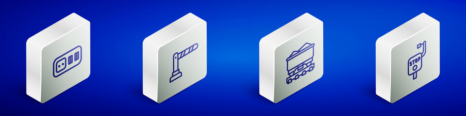 Set Isometric line Electrical outlet, Railway barrier, Coal train wagon and Emergency brake icon. Vector