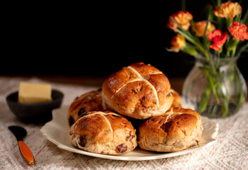 Hot Cross Buns, sweet spiced buns traditionally eaten on Good Friday