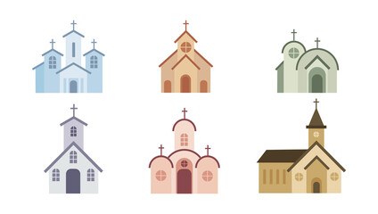 Set of different types of catholic churchs white background. Vector cathedral or monastery in flat style.