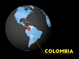 Colombia on dark globe with blue world map. Red country highlighted. Satellite world view centered to Colombia with country name. Vector Illustration.