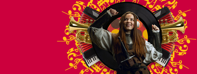 Beautiful medieval lady warrior in headphones on bright neon background. Contemporary art collage. Concept of comparison of eras, music