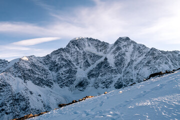Greater Caucasus Range.  Glacier Seven on mount Donguz-Orun in Elbrus region. Winter landscape