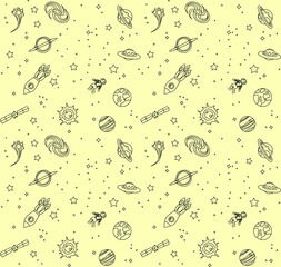 Seamless pattern with space: stars, rockets, planets; vector illustration