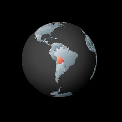 Low poly globe centered on Bolivia. Red polygonal country on the globe. Satellite view of Bolivia. Vibrant vector illustration.