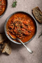 assiette de soupe de lentilles et tomates fait maison aux herbes et épices