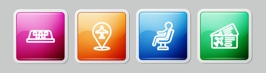 Set line Taxi car roof, Plane, Human waiting in airport terminal and Airline ticket. Colorful square button. Vector