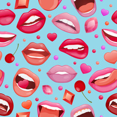 Seamless pattern with womans lips. Glossy smiling mouth that kiss and show tongue, teeth. Pop art style lips