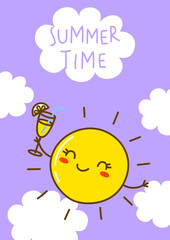 Cartoon Sun character on violet background for funny summer design