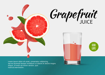 Design template of drink article. Colorful banner with grapefruit juice. Healthy organic drink.