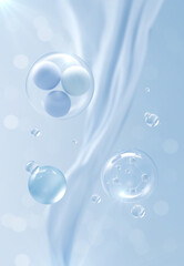 Cosmetic Essence oil Liquid Bubble with molecule on Dna background, 3d rendering.