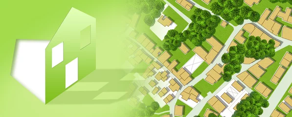 Fotobehang Imaginary cadastral map with green areas and General Urban Plan with buildings and land parcel - real estate property concept with small house © Francesco Scatena
