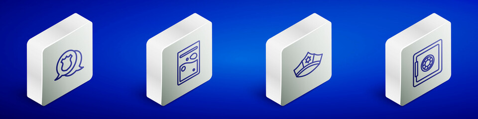 Set Isometric line Police badge, Plastic bag of drug, cap with cockade and Safe icon. Vector