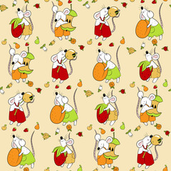 Pattern with different mice in pant and fruits. Animalistic vector background. Yellow, green, orange and red tones. Can be used for wallpapers, pattern fills, textile, surface textures