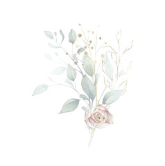 Arranagement with green leaves branches, pink rose flower and golden line art. Watercolor painted floral bouquet. 