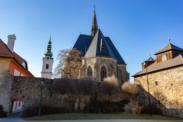 Obraz premium Gothic church of the Virgin Mary Visitation and White Tower. Klatovy, Czechia