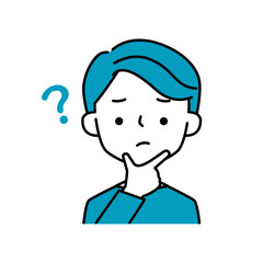 悩むポーズと表情の男性とハテナマークのシンプルなイラストアイコン