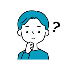 考える表情とポーズの男性とハテナマークのシンプルなイラストアイコン