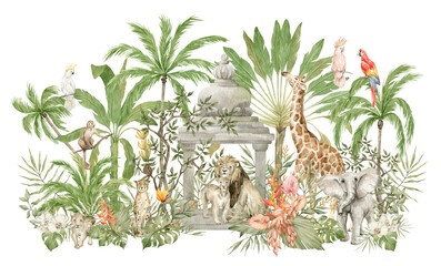 Watercolor composition with African animals, arch and natural elements. Lion, giraffe, elephant, monkeys, parrots, palm trees, flowers. Safari, wild jungle, tropical illustration for nursery wallpaper - 487332431