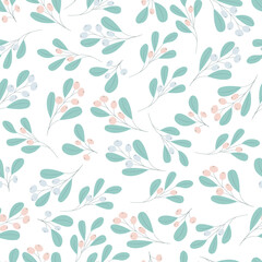 Botanical seamless pattern with berries and leaves. Trendy vector illustration. Elegant floral print. Repeating branches with leaves in pastel colors.