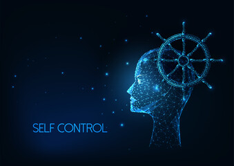 Futuristic self control concept with glowing low polygonal human head and ship wheel isolated