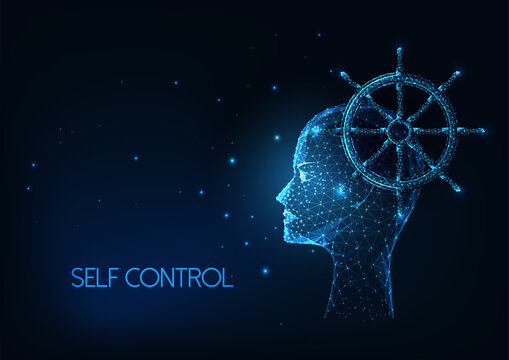 Futuristic self control concept with glowing low polygonal human head and ship wheel isolated