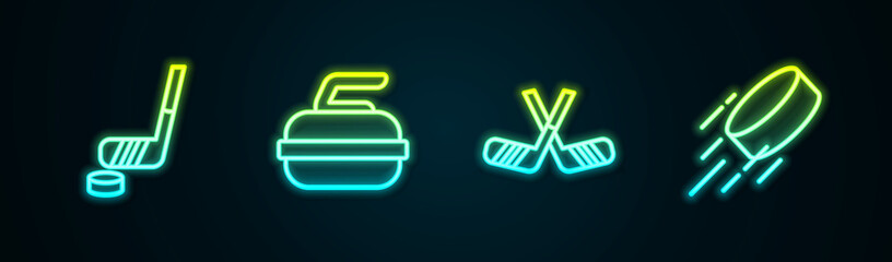 Set line Ice hockey stick and puck, Stone for curling, sticks and Hockey. Glowing neon icon. Vector