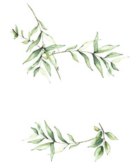 Fototapeta premium Delicate greenery round frame template watercolor painted. Background with branches, green leaves. Wedding ready design.