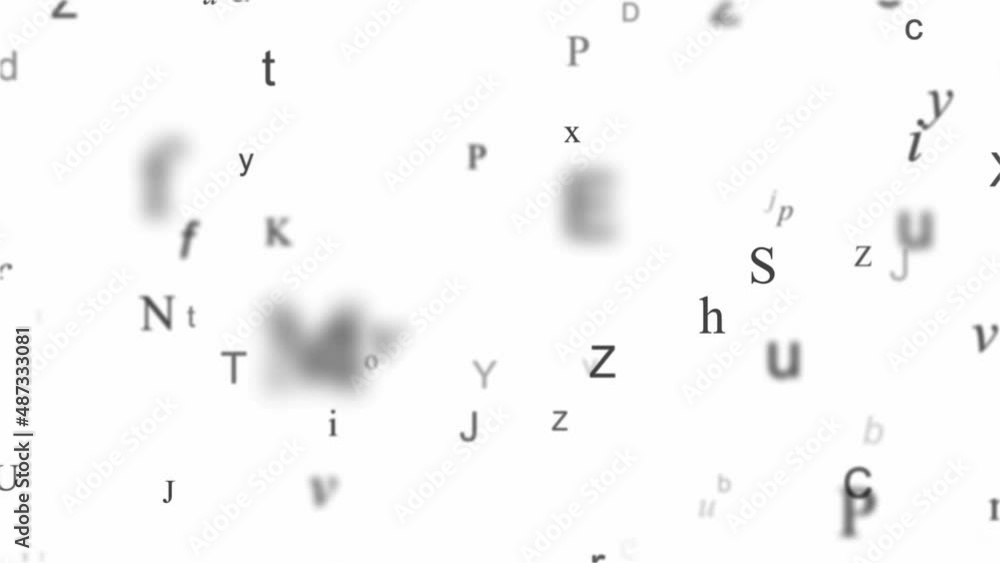 Poster flying through the alphabet letters on white background repeat loop focus blur depth of field animat