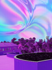 Contemporary minimal collage art. Mix of photos and texture illustrations. Surreal minimalist holography stylish tropical relax space