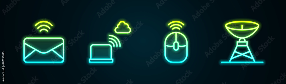Poster set line mail and e-mail, network cloud connection, wireless computer mouse and satellite dish. glow