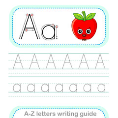 Letter Writing Guide. Worksheet Tracing letters A,. Uppercase and lowercase letter English alphabet - obrazy, fototapety, plakaty
