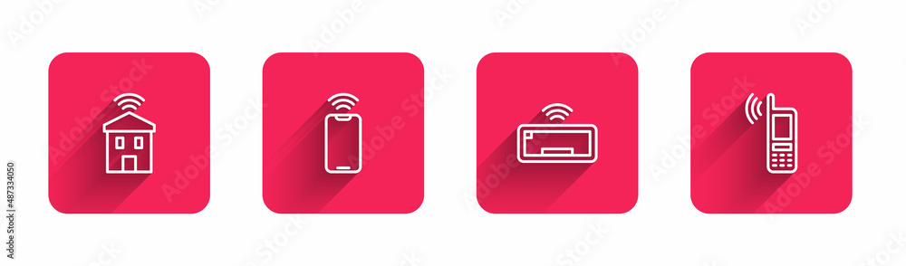 Poster set line smart home with wi-fi, mobile wireless, computer keyboard and with long shadow. red square 