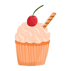 Vector cherry cupcake in cartoon hand drawn style. Delicious dessert, sweet pastry
