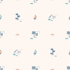 Vector Vacation Theme. Summer Seascape Seamless Pattern. Palm trees, Islands, Sea waves, Sailboats, Tropical Plants and Sunny Dawn