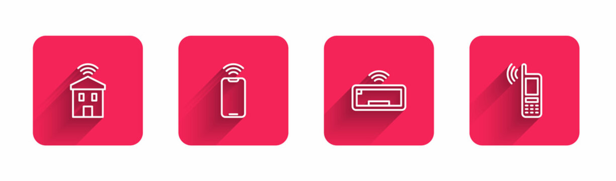 Set line Smart home with wi-fi, Mobile wireless, Computer keyboard and with long shadow. Red square button. Vector