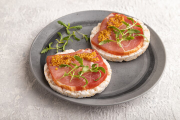Puffed rice cake sandwiches with jerky salted meat, microgreen on gray concrete, side view, close...