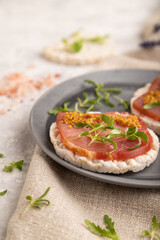 Puffed rice cake sandwiches with jerky salted meat, microgreen on gray concrete, side view, selective focus.